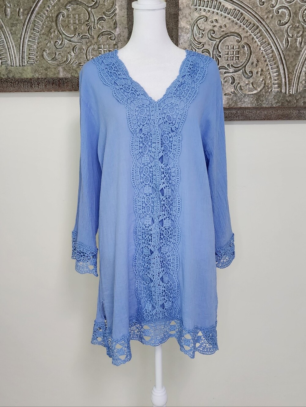 Isaac Mizrahi Blue Gauzy Crochet Beach Tunic Cotton Top Small Coastal Grandma